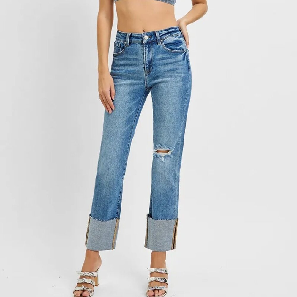RISEN Full Size High Rise Ankle‎ Straight Wide Cuffed Jeans Plus Size